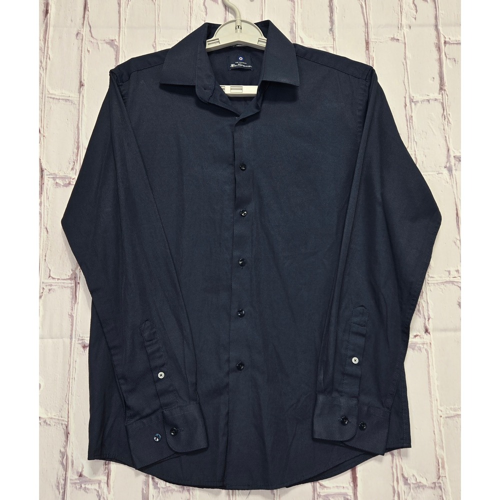 Ben Sherman Button Down Shirt Navy Blue Slim Fit Micro Dot Mens Size M 15-15.5